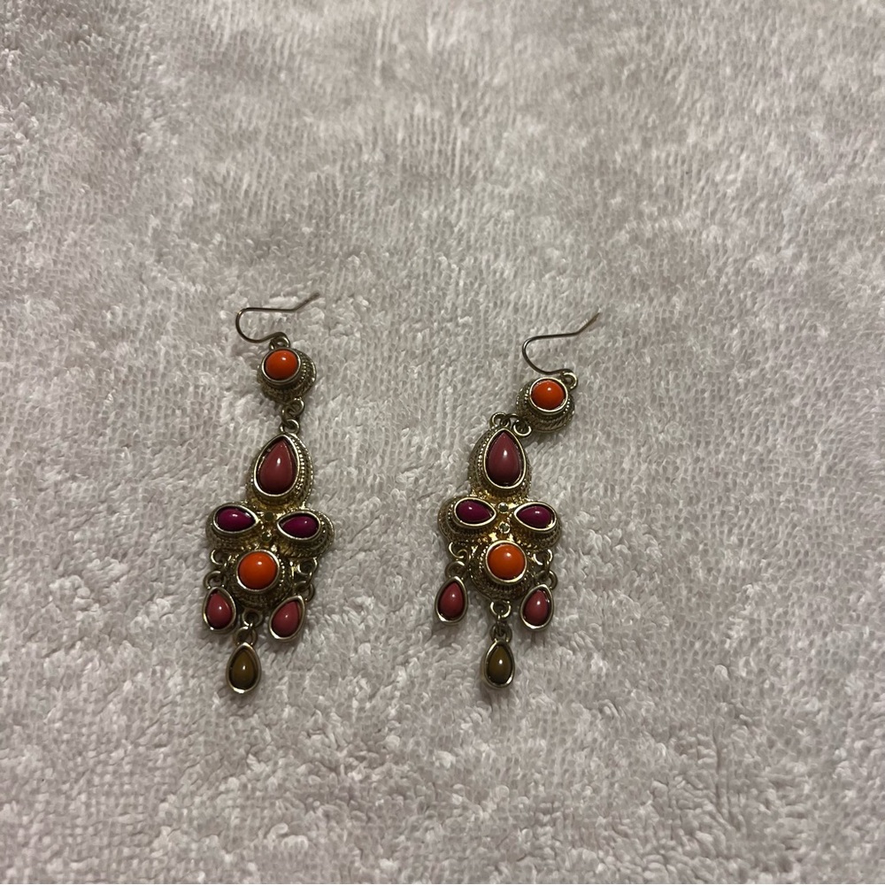 New silver-Tone Multi-Color Drop Earrings with Pink, Orange & Brown Stones